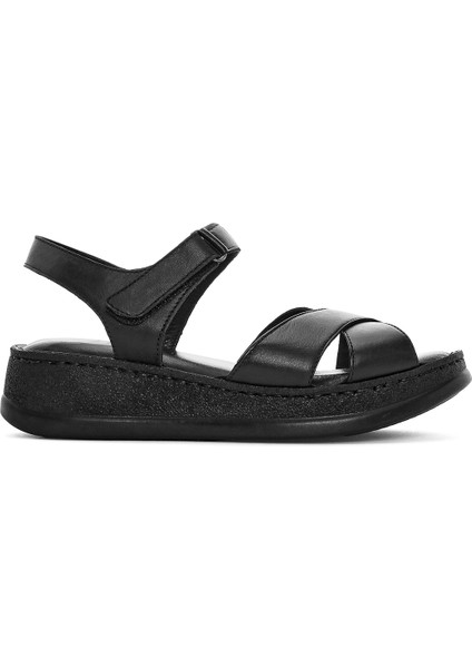 Kadın Siyah Kalın Tabanlı Deri Comfort Sandalet 25SFD321618