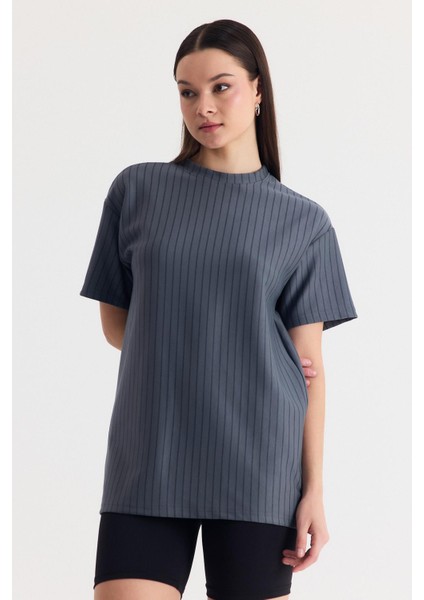Füme Çizgili Oversize Tişört 4447A