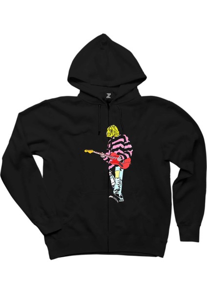 Nirvana Kurt Cobain Siluet Siyah Fermuarlı Kapşonlu Sweatshirt