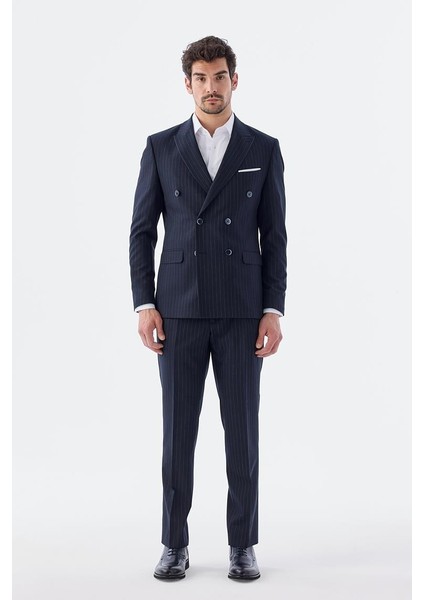 Lacivert Slim Fit Çizgili Kruvaze Takım Elbise