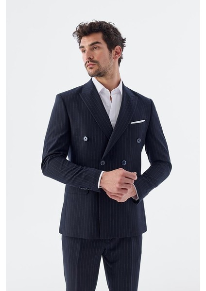 Lacivert Slim Fit Çizgili Kruvaze Takım Elbise