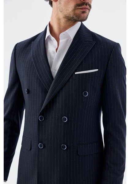 Lacivert Slim Fit Çizgili Kruvaze Takım Elbise