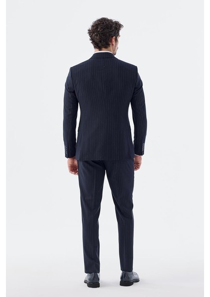Lacivert Slim Fit Çizgili Kruvaze Takım Elbise