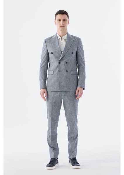 Lacivert Slim Fit Keten Karışımlı Kruvaze Takım Elbise