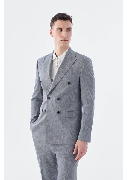 Lacivert Slim Fit Keten Karışımlı Kruvaze Takım Elbise fiyatları