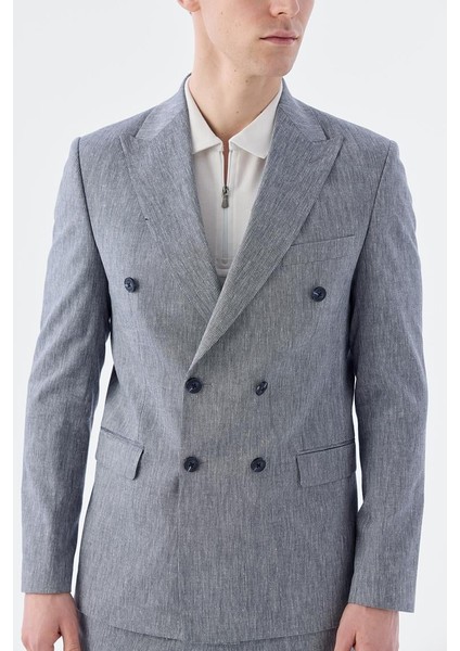 Lacivert Slim Fit Keten Karışımlı Kruvaze Takım Elbise modelleri