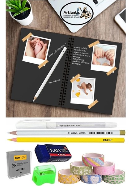 Telli Siyah Defter A5 40 Yaprak Eskiz Fotoğraf Albümü Simli Bant Sarı Beyaz Kurşun Jel Kalem Sigi Kalemtarş Hamur Silgi