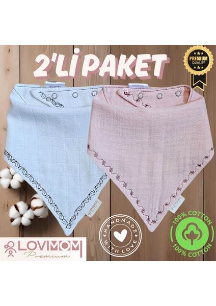 2'li Paket Premium %100 Pamuk Ekstra Soft 2 Kat Müslin Bebek Fuları Salya & Mama Önlüğü 3 Çıtçıtlı