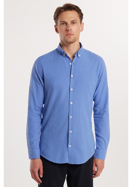 Erkek Slim Fit Dar Kesim %100 Pamuk Keten Doku Düğmeli Yaka Koyu Mavi Gömlek