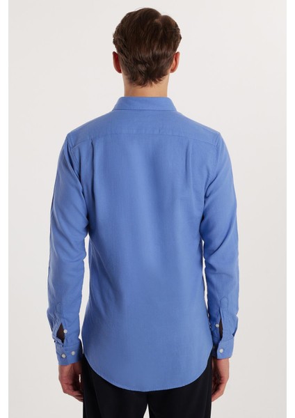 Erkek Slim Fit Dar Kesim %100 Pamuk Keten Doku Düğmeli Yaka Koyu Mavi Gömlek