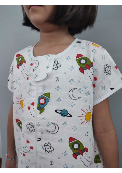 Uzay Desenli Yazlık Bebek Çocuk Uyku Tulumu %100 Pamuk Müslin Kumaş 0.5 Tog