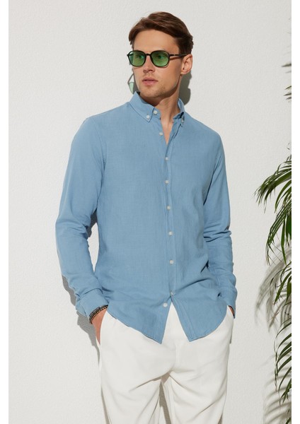 Erkek Slim Fit Dar Kesim %100 Pamuk Keten Doku Düğmeli Yaka Mavi Gömlek