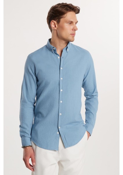 Erkek Slim Fit Dar Kesim %100 Pamuk Keten Doku Düğmeli Yaka Mavi Gömlek