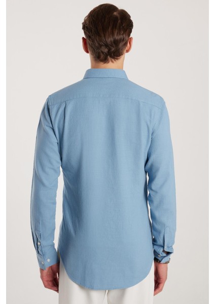Erkek Slim Fit Dar Kesim %100 Pamuk Keten Doku Düğmeli Yaka Mavi Gömlek