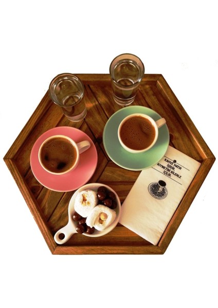 Sunum Tepsisi Ahşap Çam Ağacı El Yapımı Altıgen Small Handmade Kahverengi