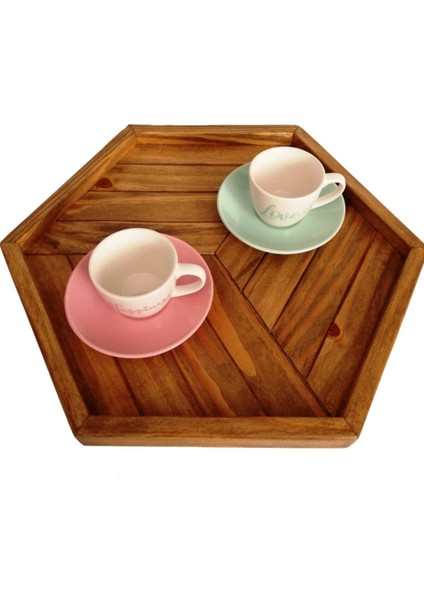 Sunum Tepsisi Ahşap Çam Ağacı El Yapımı Altıgen Small Handmade Kahverengi