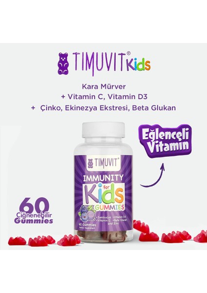 Immunity For Kids | Vitamin C ve D3, Kara Mürver, Çinko ve Beta Glukan İçeren 60 Çiğnenebilir Gummy