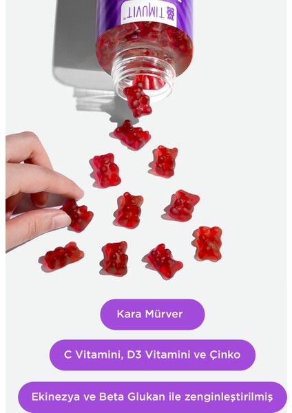 Immunity For Kids | Vitamin C ve D3, Kara Mürver, Çinko ve Beta Glukan İçeren 60 Çiğnenebilir Gummy