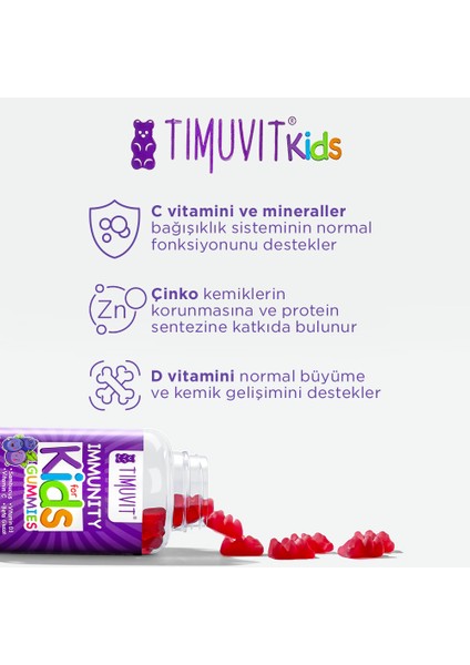 Immunity For Kids | Vitamin C ve D3, Kara Mürver, Çinko ve Beta Glukan İçeren 60 Çiğnenebilir Gummy