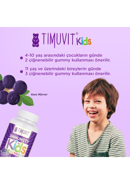 Immunity For Kids | Vitamin C ve D3, Kara Mürver, Çinko ve Beta Glukan İçeren 60 Çiğnenebilir Gummy