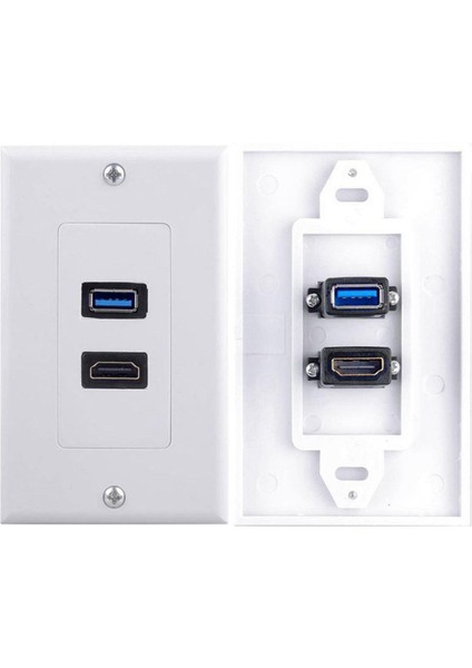 1x 2port HDMI + USB 3.0 Dişi Duvar Yüzü Plaka Paneli Çıkış Soketi Genişletici Beyaz (Yurt Dışından)