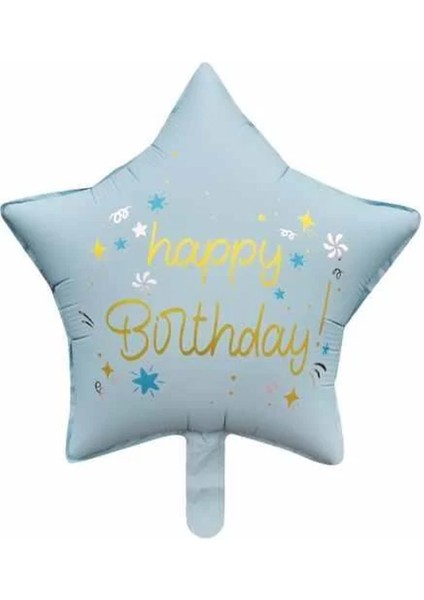 Retro Mavi Happy Bırthday Baskılı Yıldız Folyo Balon 18 Inç