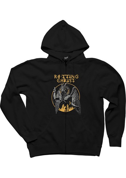 Rotting Christ Design Siyah Fermuarlı Kapşonlu Sweatshirt