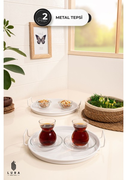 2'li Vera Beyaz Metal Çay ve Kahve Sunum Tepsisi Seti - 25 cm Modern Şıklık