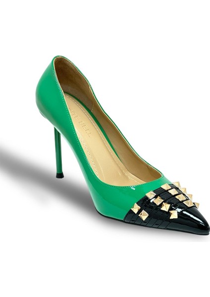Krıste Bell 018 Yeşil Siyah Rugan Troklu Sivri Burun Ince Topuklu Önü Taşlı Kadın Ayakkabı