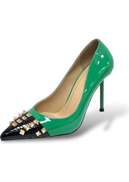 Krıste Bell 018 Yeşil Siyah Rugan Troklu Sivri Burun Ince Topuklu Önü Taşlı Kadın Ayakkabı modelleri