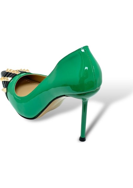 Krıste Bell 018 Yeşil Siyah Rugan Troklu Sivri Burun Ince Topuklu Önü Taşlı Kadın Ayakkabı indirimleri