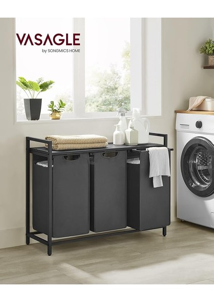Çamaşır Sepeti 3 Bölmeli, Raflı Çamaşır Sepeti, Çamaşır Kutusu, Oxford Kumaştan Çekilebilir Çamaşır Torbası Çıkarılabilir, Metal Çerçeve, 3 x 38 L, 92,5 x 33 x 72 Cm, Siyah-Gri BLH301G01