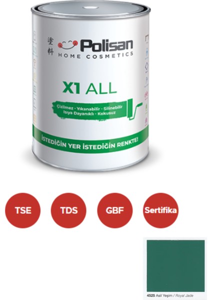 X1 All Dönüşüm Boyası 0,75 Lt Asil Yeşim / 4525