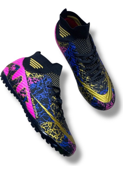 Çoraplı Airboom Halısaha Ayakkabı Siyah Mor Altın Desenli