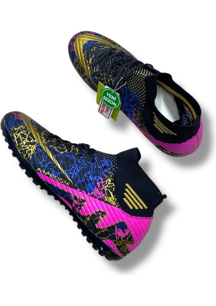 Çoraplı Airboom Halısaha Ayakkabı Siyah Mor Altın Desenli modelleri