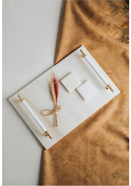 Ince Mermer Beyaz Söz/ Nişan Tepsisi 2 Adet Çıkarılabilir Yüzüklük, Metal Profil Kulp