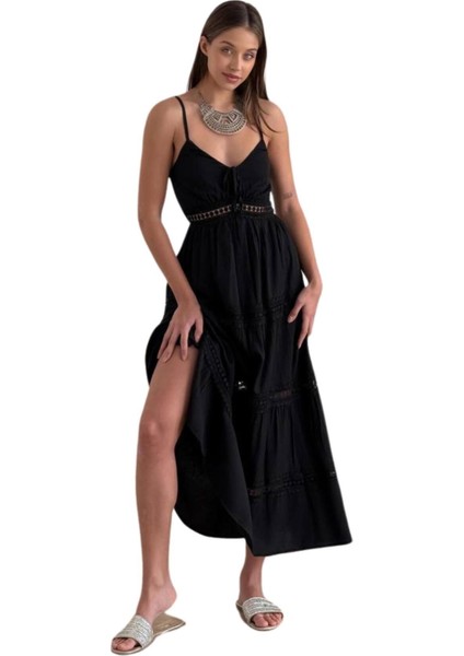 Kadın Yazlık Keten Elbise - Askılı Sırtta Gipe Detaylı Yatay Dantel Şeritli Tasarım 8530 fiyatları