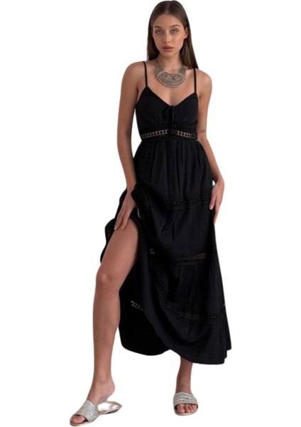 Kadın Yazlık Keten Elbise - Askılı Sırtta Gipe Detaylı Yatay Dantel Şeritli Tasarım 8530 fırsatları