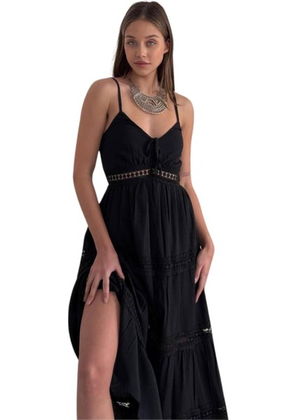 Kadın Yazlık Keten Elbise - Askılı Sırtta Gipe Detaylı Yatay Dantel Şeritli Tasarım 8530 indirimleri