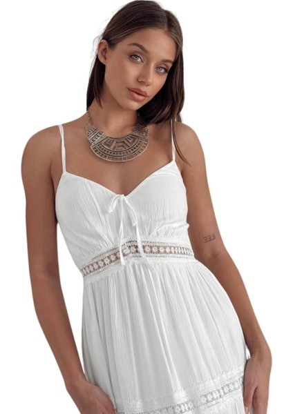 Kadın Yazlık Keten Elbise - Askılı Sırtta Gipe Detaylı Yatay Dantel Şeritli Tasarım 8530 fiyatları