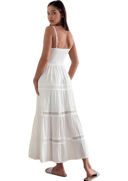 Kadın Yazlık Keten Elbise - Askılı Sırtta Gipe Detaylı Yatay Dantel Şeritli Tasarım 8530 modelleri