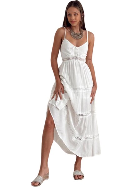 Kadın Yazlık Keten Elbise - Askılı Sırtta Gipe Detaylı Yatay Dantel Şeritli Tasarım 8530 fırsatları