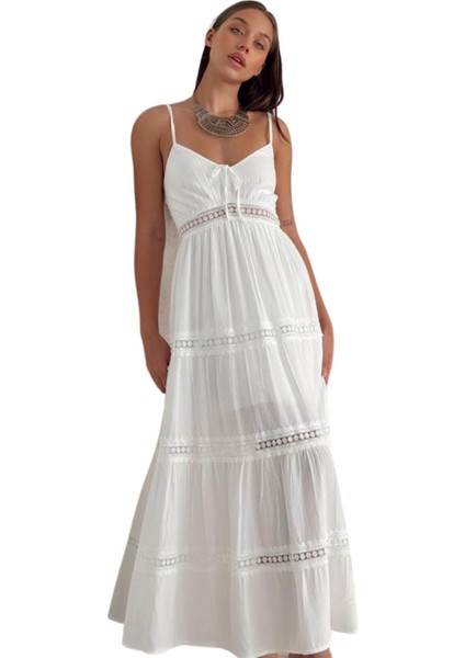 Kadın Yazlık Keten Elbise - Askılı Sırtta Gipe Detaylı Yatay Dantel Şeritli Tasarım 8530 indirimleri