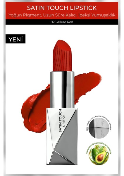 Uzun Süre Kalıcı Nemlendirici Pürüzsüz Etkili Yarı Mat Ruj - Satin Touch Lipstick 826 Allure Red
