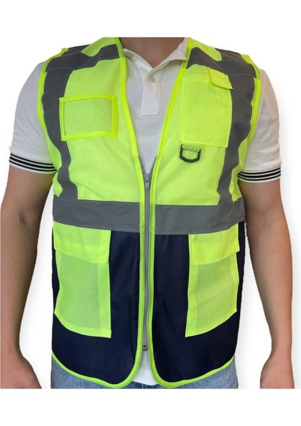 10lu Paket Fileli Kumaş Sarı Lacivert İkaz Yeleği