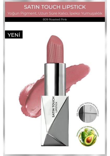 Uzun Süre Kalıcı Nemlendirici Pürüzsüz Etkili Yarı Mat Ruj - Satin Touch Lipstick 809 Roasted Pink