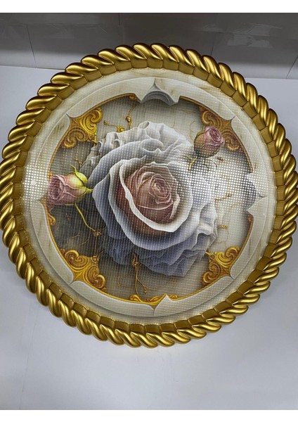 Lüks Dekoratif Plastik Tepsi Altın Çerçeve 46X46 Beyaz Gül Desenli fırsatları