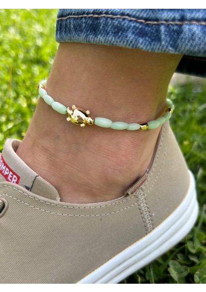 Zarif Şık Kadın Gold Karetta Figürlü Su Yeşili 26 cm Sedefli Halhal