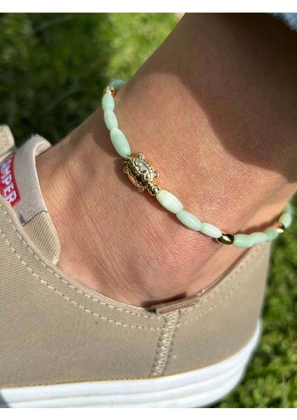 Zarif Şık Kadın Gold Karetta Figürlü Su Yeşili 26 cm Sedefli Halhal modelleri