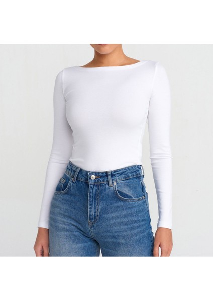 Kayık Yaka Uzun Kollu Basic T-Shirt